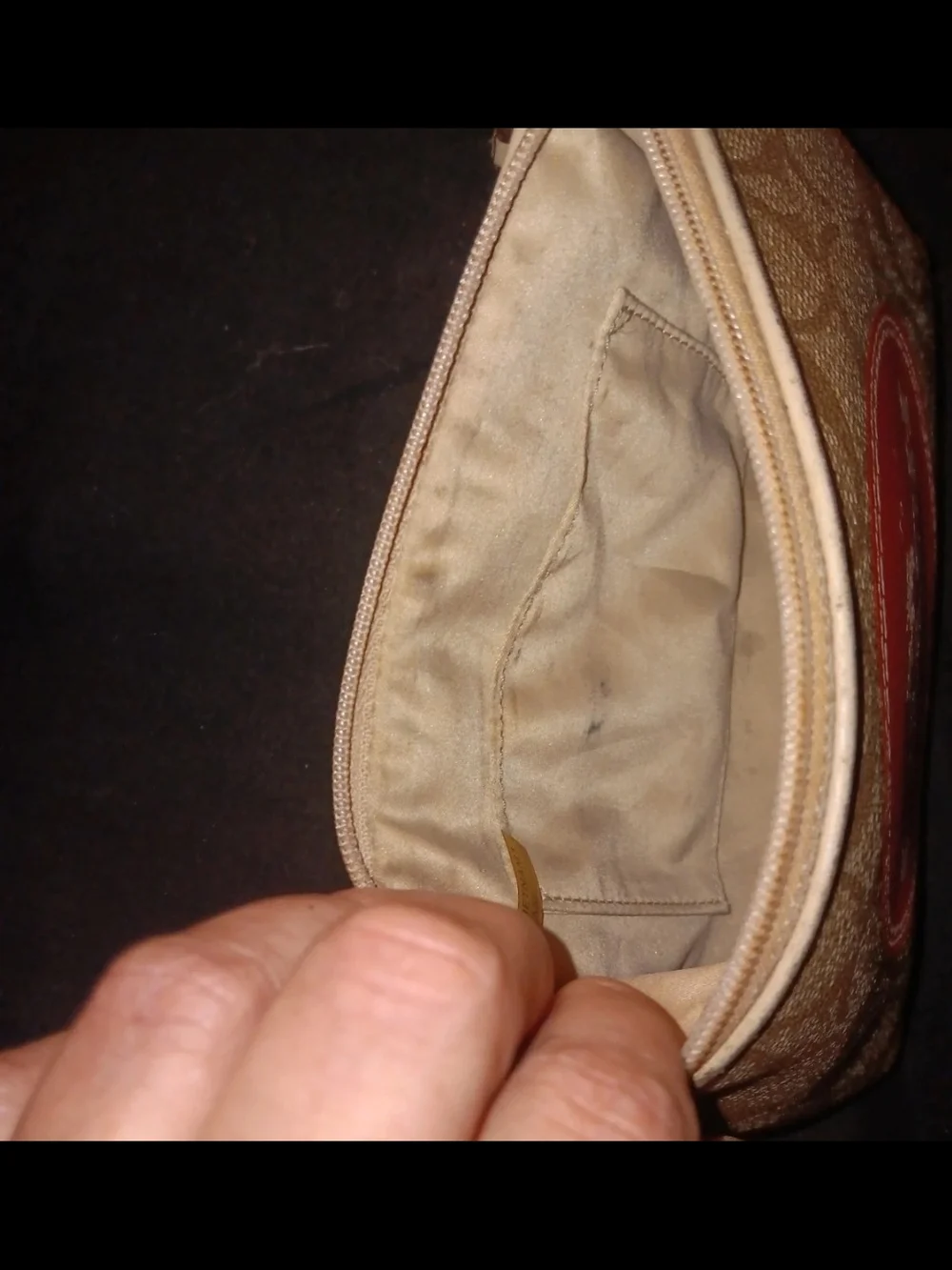 Coach Large Wristlet in Tan with Red Logo Patch